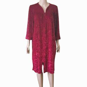 Red Embossed Zip Up Robe L Women's 3/4 Sleeves Quilted Lapel Side Pockets